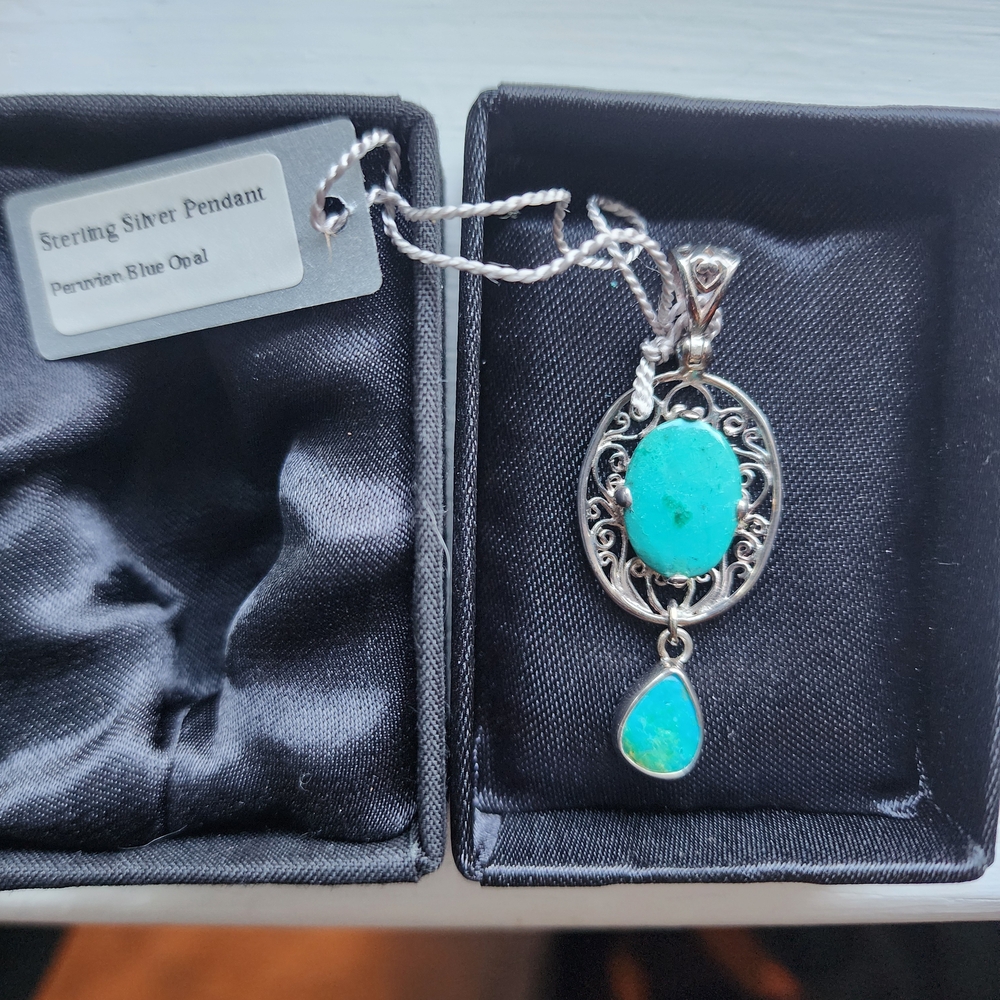 Arbor Blue and Silver Filigree Necklace with Teardrop Pendant